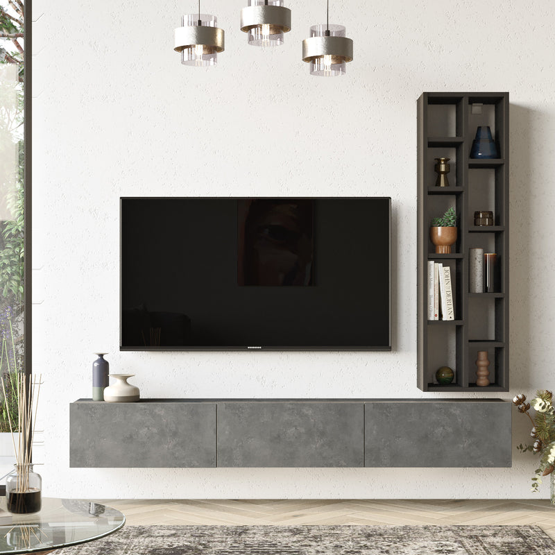 Mobile porta televisore in stile moderno in legno con mobile tv a 3 ante a ribalta e uno scaffale libreria accanto: disponibile in argento opaco e nero opaco; bianco opaco e quercia opaco
