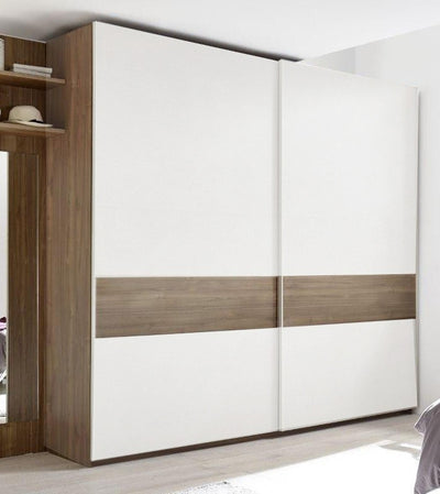 armadio moderno scorrevole bianco opaco con laterali e inserto noce dark