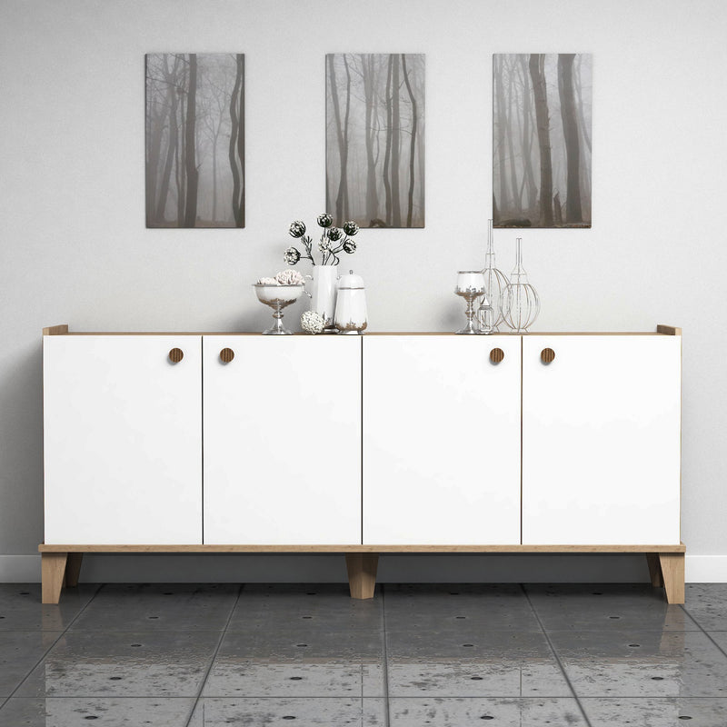 Mobile credenza in stile moderno per ingresso e soggiorno in legno color bianco opaco e pino atlantico opaco, a 4 ante con apertura a libro e 6 vani interni
