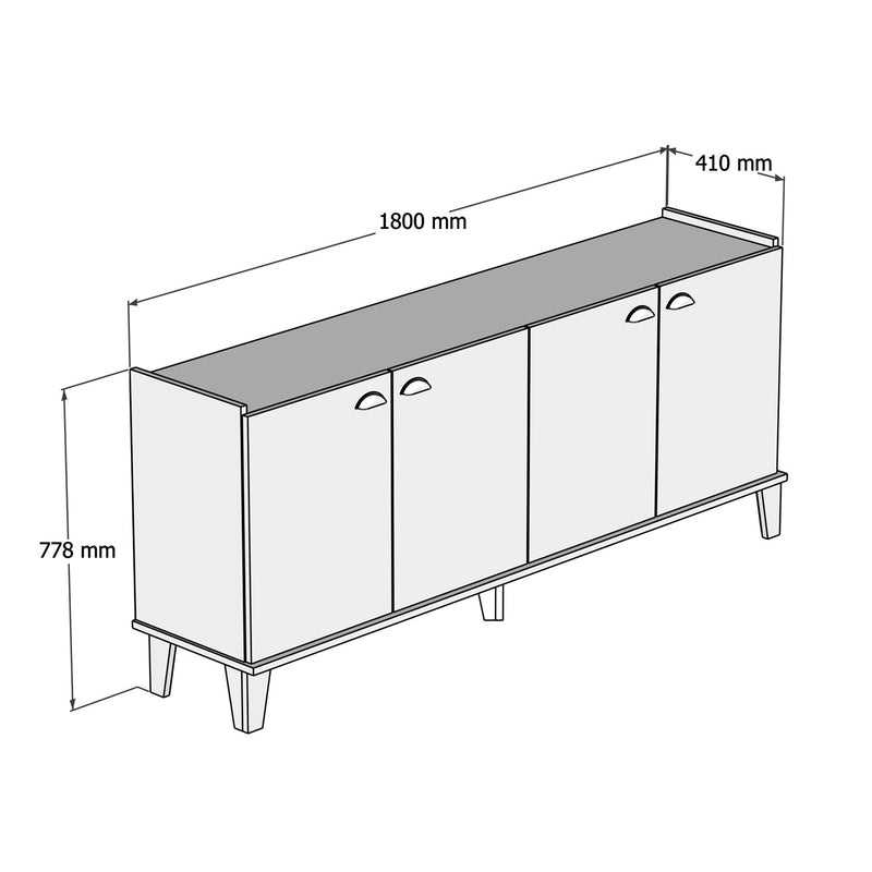Credenza a 4 ante in legno bicolore moderna con 6 vani interni cm 180x41x78h
