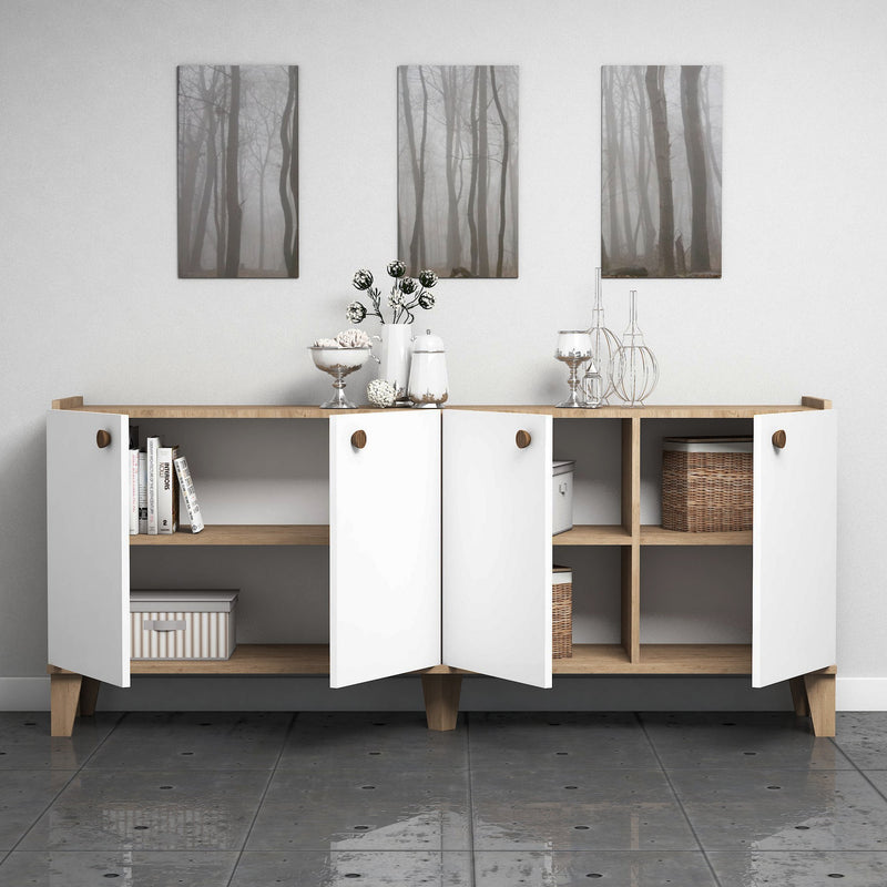 Credenza a 4 ante in legno bicolore moderna con 6 vani interni cm 180x41x78h