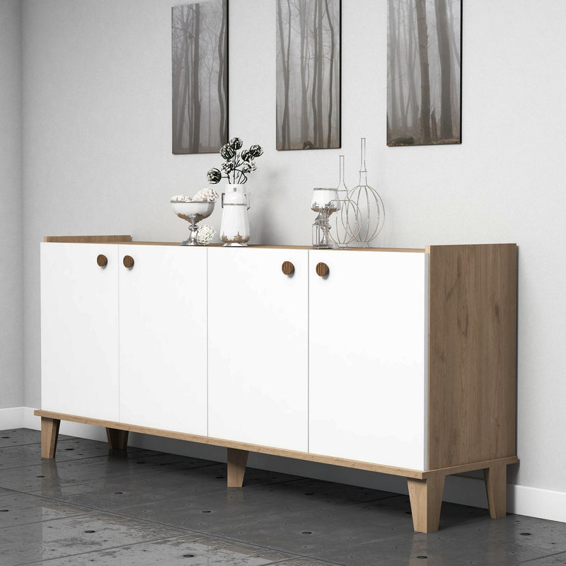 Credenza a 4 ante in legno bicolore moderna con 6 vani interni cm 180x41x78h