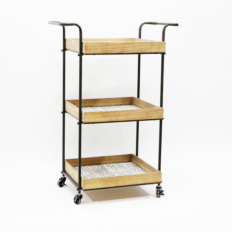 Carrello portavivande decorato in metallo e legno con ruote cm 60x40x86h