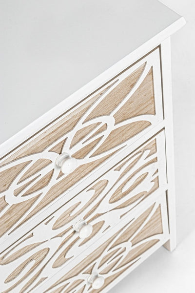 Cassettiera in legno naturale e bianco frontali decorati cm 40x29x73h