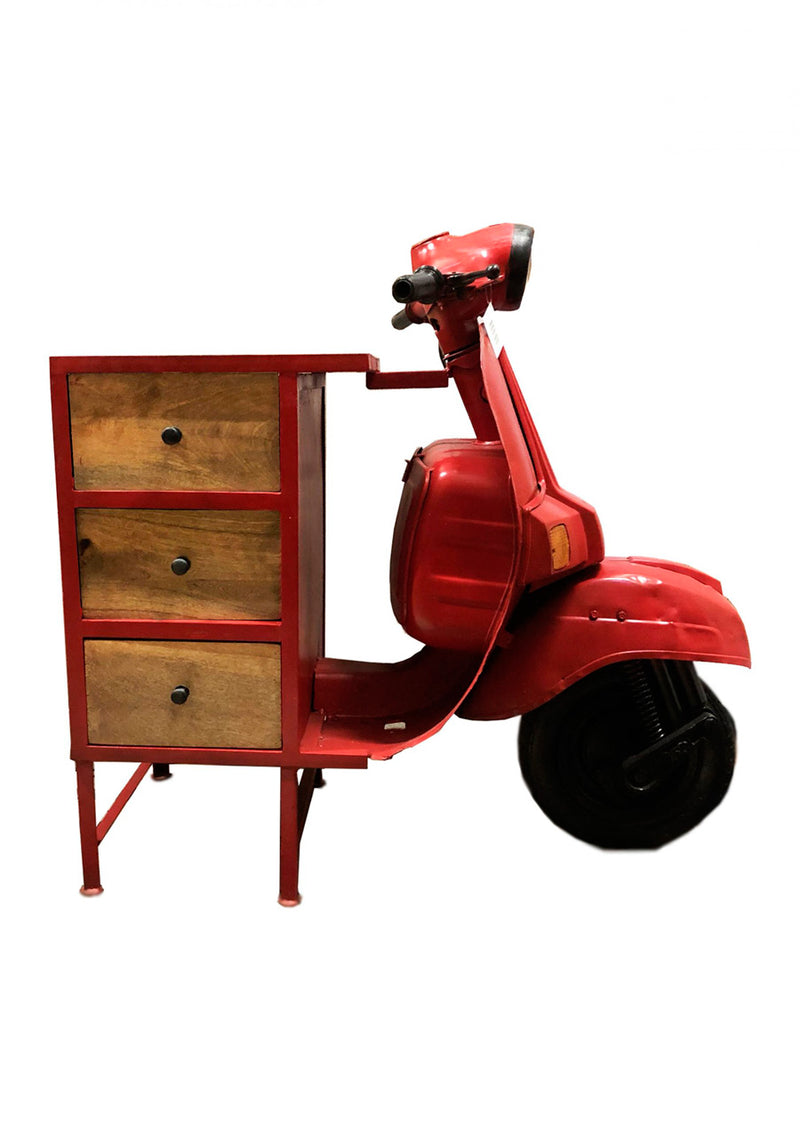 Cassettiera stile industrial modello vespa con 3 cassetti in legno e metallo rosso cm 68x130x105h