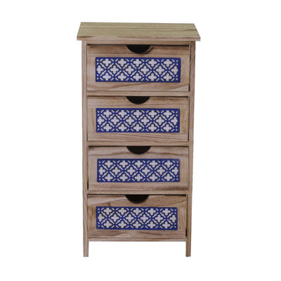 Cassettiera in legno 4 cassetti con decorazione ad intaglio colore blu cm 40x30x77h
