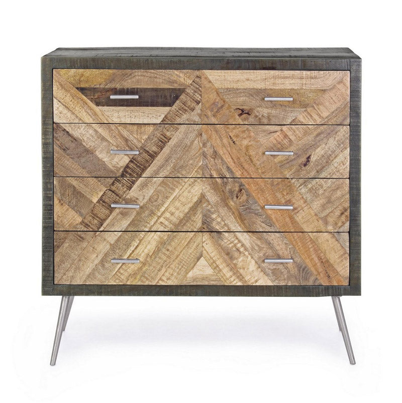 Cassettiera da camera salotto 4 cassetti in legno di mango intarsiati cm 85x35x85h