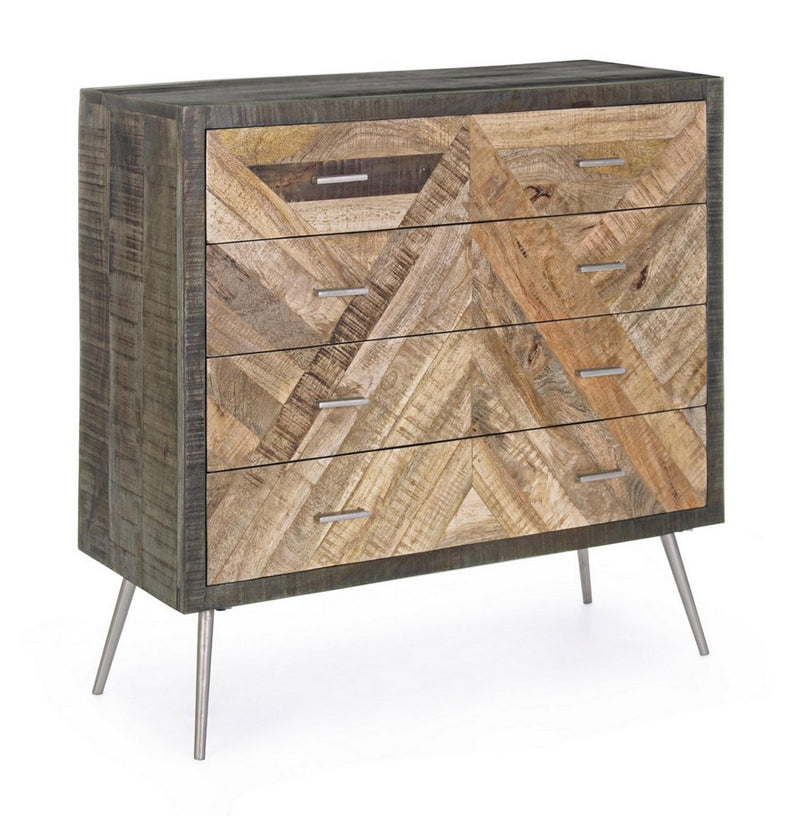 Cassettiera da camera salotto 4 cassetti in legno di mango intarsiati cm 85x35x85h