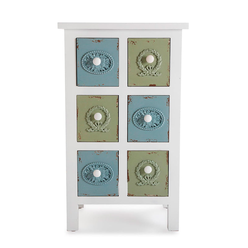 Cassettiera shabby in legno colore bianco 6 cassetti blu e verdi cm 45x35x75h