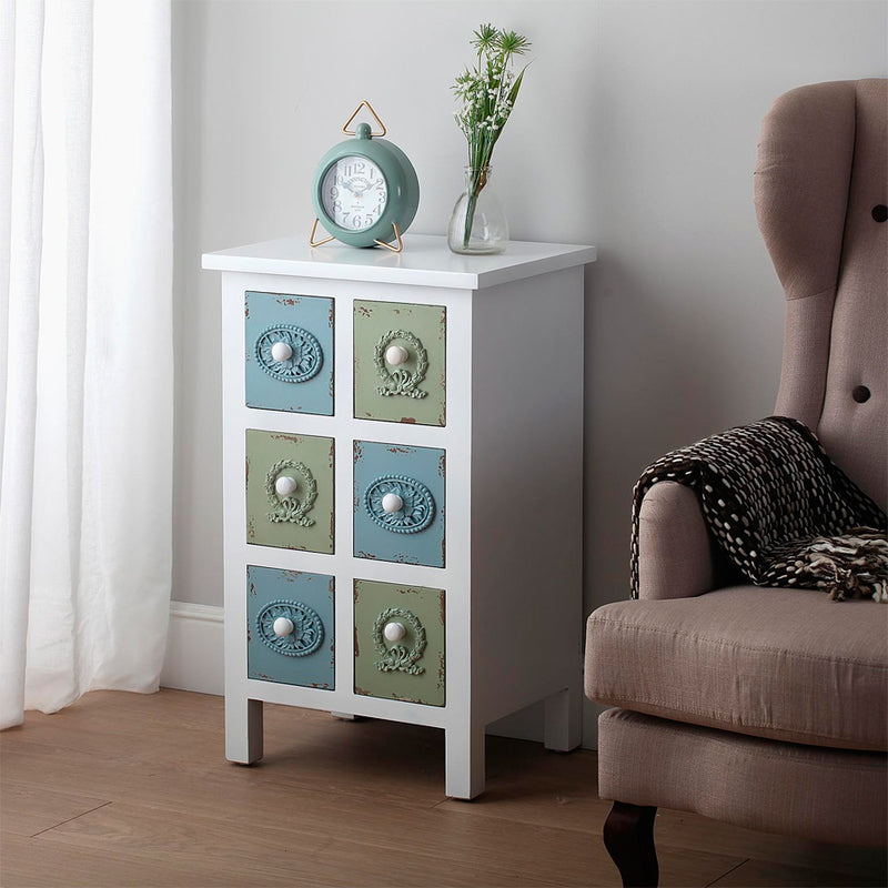 Cassettiera shabby in legno colore bianco 6 cassetti blu e verdi cm 45x35x75h