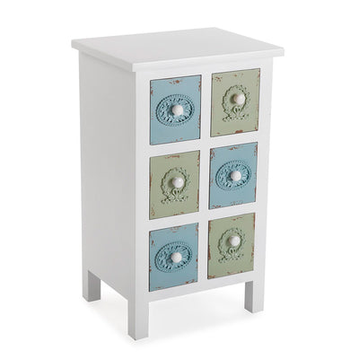 Cassettiera shabby in legno colore bianco 6 cassetti blu e verdi cm 45x35x75h