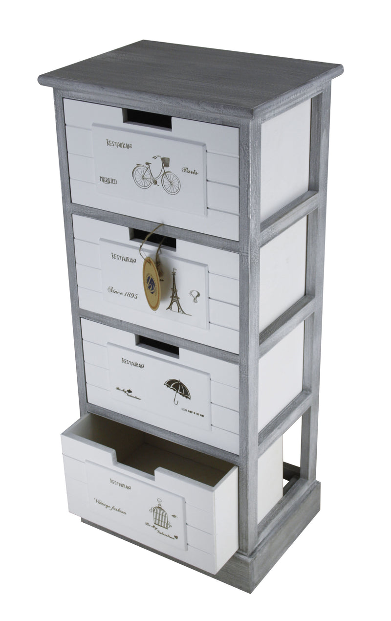 Mobile cassettiera in legno colore bianco e grigio 4 cassetti con stampo cm 38x28x86h