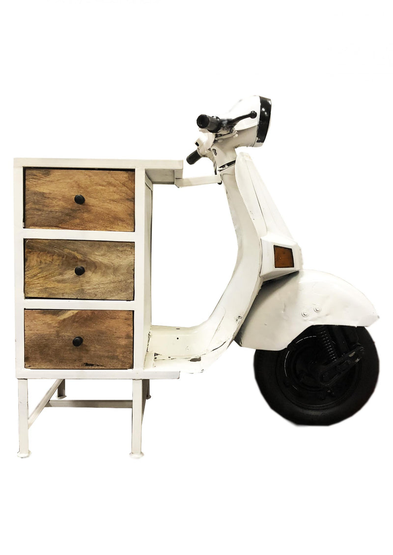 Cassettiera industrial vintage modello vespa in metallo bianco 3 cassetti in legno cm 68x130x105h