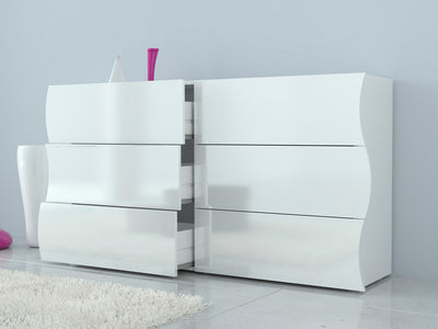Peggy - Cassettiera design moderno onda in legno colore bianco lucido 6 cassetti cm 155x40x81h