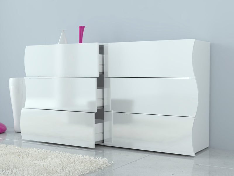 Peggy - Cassettiera design moderno onda in legno colore bianco lucido 6 cassetti cm 155x40x81h