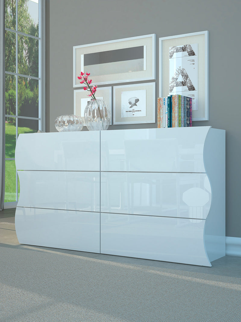 Peggy - Cassettiera design moderno onda in legno colore bianco lucido 6 cassetti cm 155x40x81h