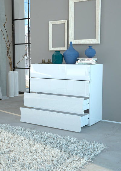 Arya - Cassettiera in legno bianco lucido 4 cassetti design onda cm 98x40x81h
