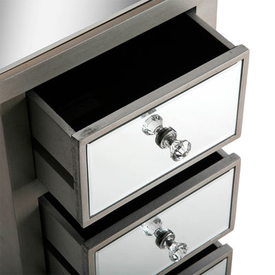 Cassettiera moderna in legno grigio 4 cassetti con specchi pomelli gioiello cm 32x26x78h