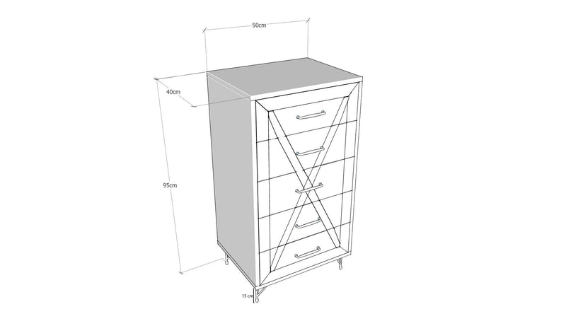 Cassettiera design industriale in legno con gambe in metallo 5 cassetti cm 50x40x95h