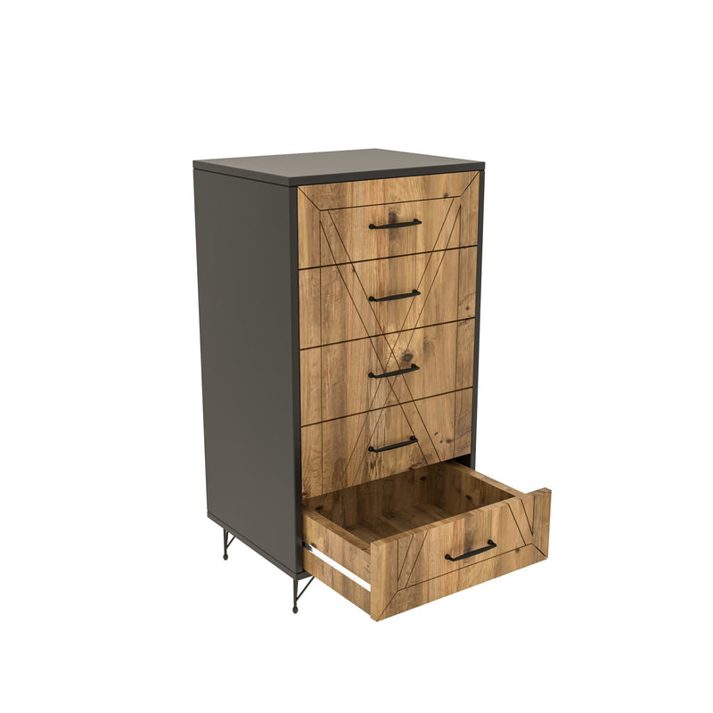 Cassettiera design industriale in legno con gambe in metallo 5 cassetti cm 50x40x95h