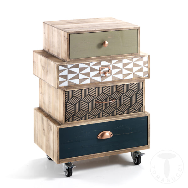 Cassettiera vintage con ruote 4 cassetti fantasia con maniglie in metallo cm 50x34x72,5h