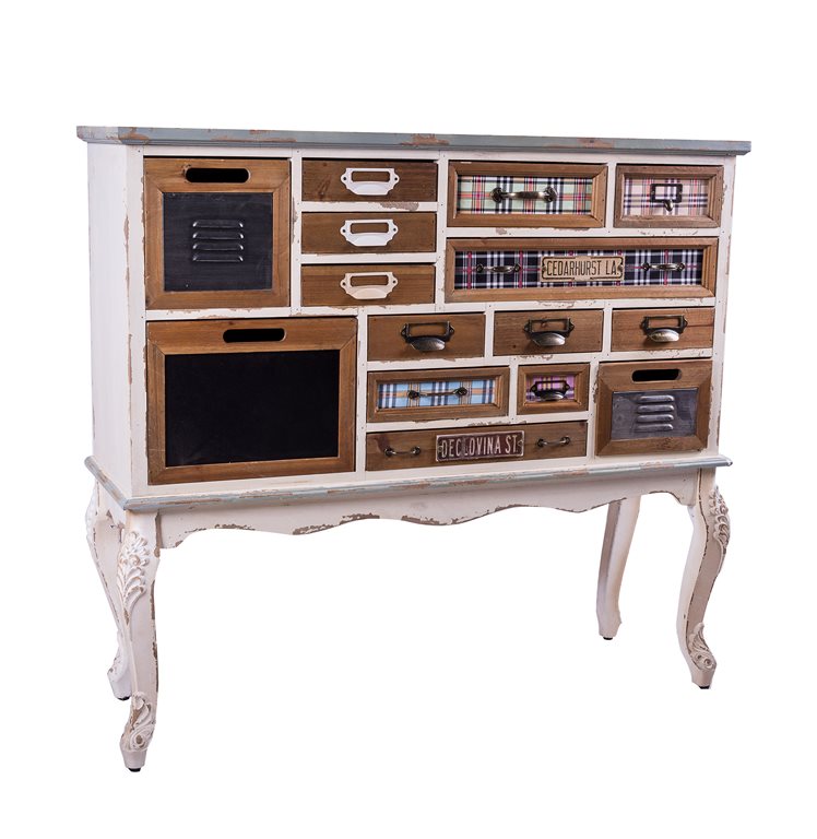 Cassettiera vintage in legno bianco shabby con cassetti decorati cm 103x32x93h