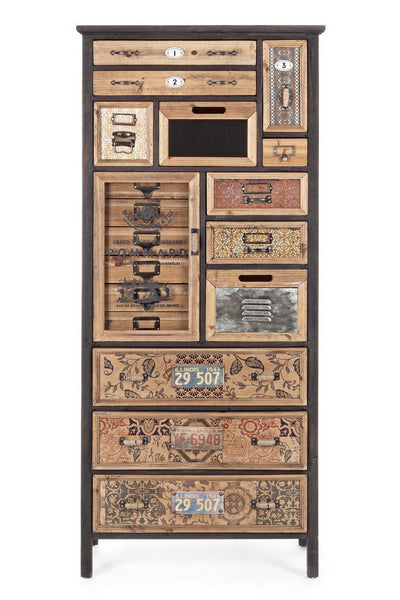 Mobile cassettiera con anta vetrata e 12 cassetti in legno stile industriale cm 66x33x152h