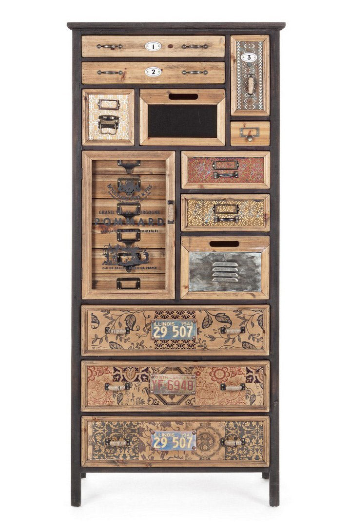 Mobile cassettiera con anta vetrata e 12 cassetti in legno stile industriale cm 66x33x152h
