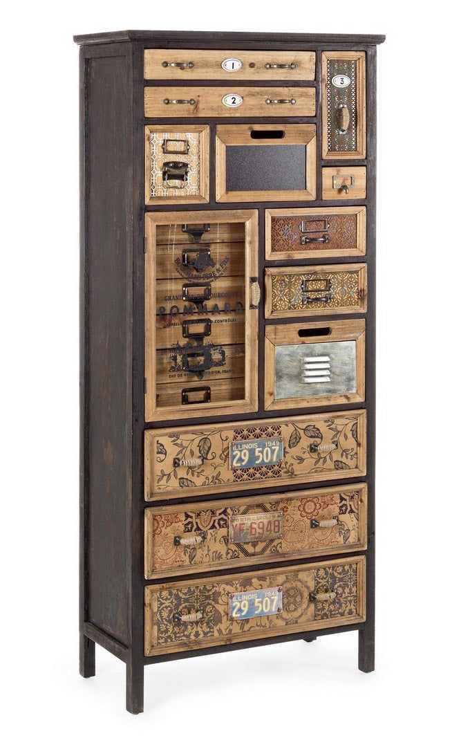 Mobile cassettiera con anta vetrata e 12 cassetti in legno stile industriale cm 66x33x152h