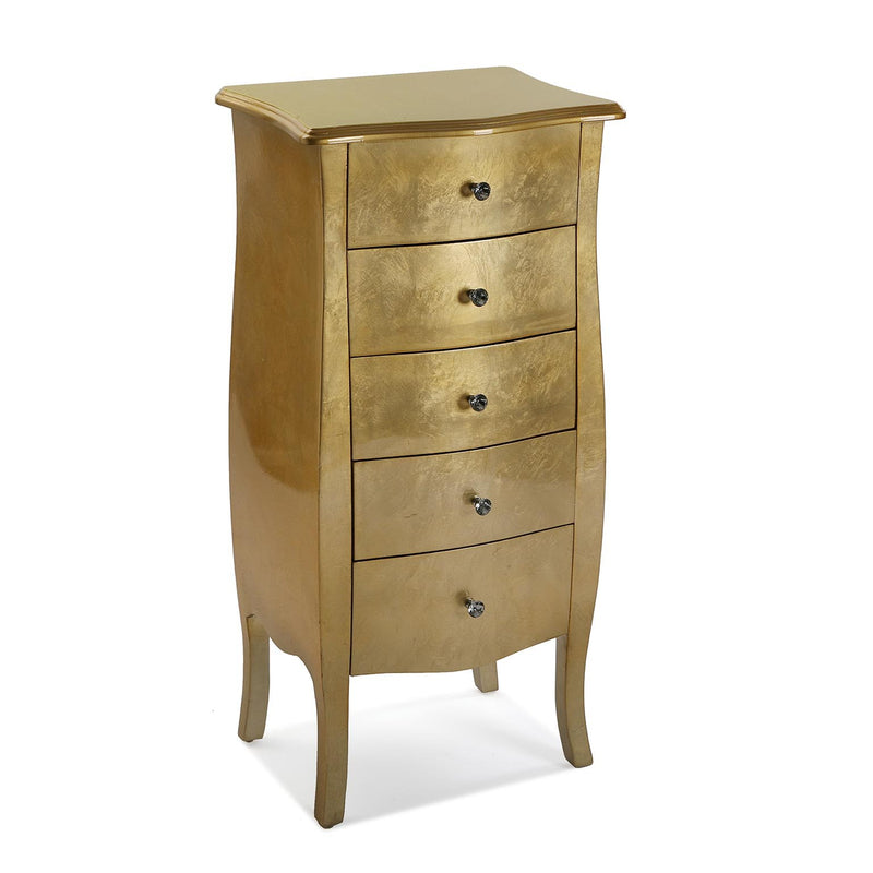 Cassettiera settimino in legno colore oro 5 cassetti e pomelli gioiello cm 48x36x100h