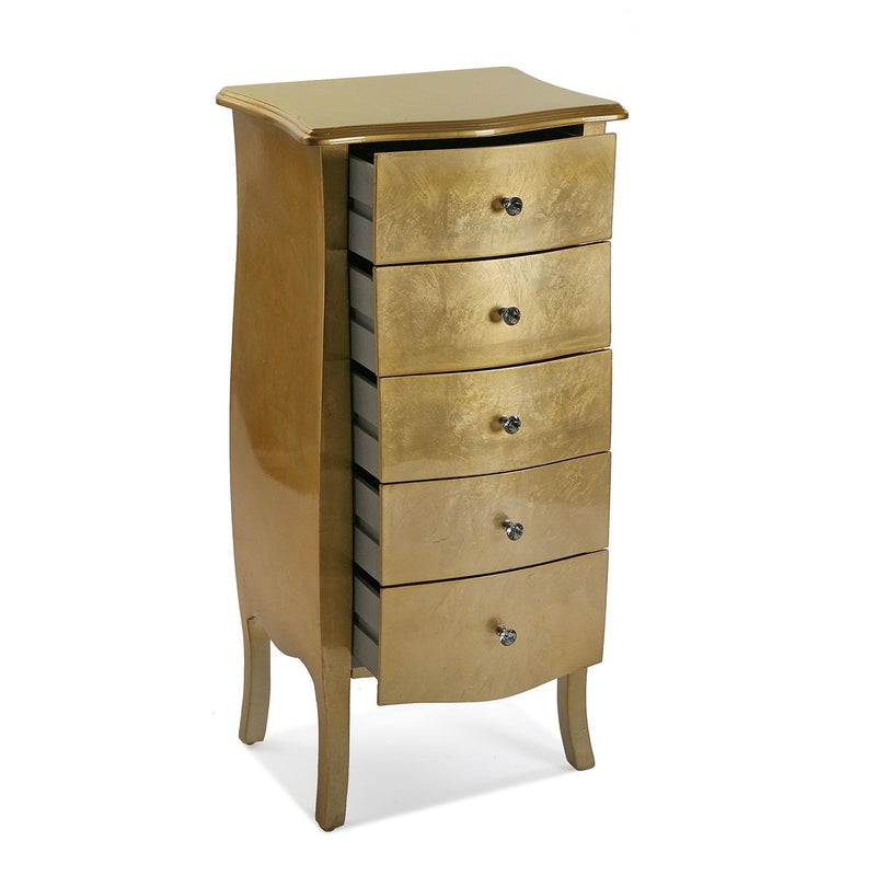 Cassettiera settimino in legno colore oro 5 cassetti e pomelli gioiello cm 48x36x100h