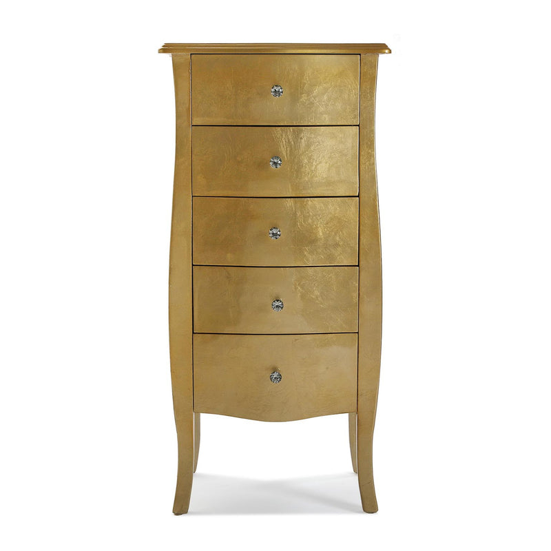 Cassettiera settimino in legno colore oro 5 cassetti e pomelli gioiello cm 48x36x100h