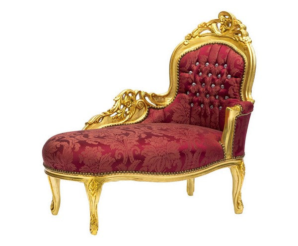 Chaise longue divanetto barocco in legno color oro tessuto rosso gemme incastonate cm 105x60x95h