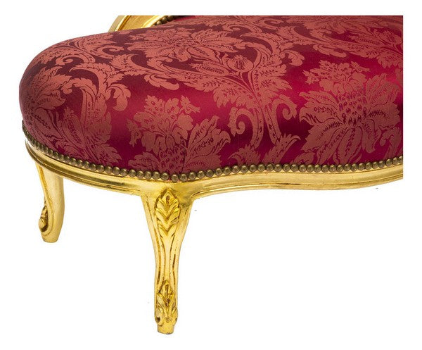 Chaise longue divanetto barocco in legno color oro tessuto rosso gemme incastonate cm 105x60x95h