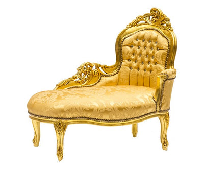 Chaise longue divanetto barocco in legno color oro tessuto oro a fiori gemme incastonate cm 105x60x95h