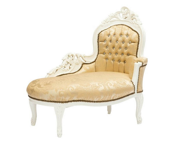 Chaise longue divanetto barocco in legno colore bianco tessuto oro a fiori gemme incastonate cm 105x60x95h