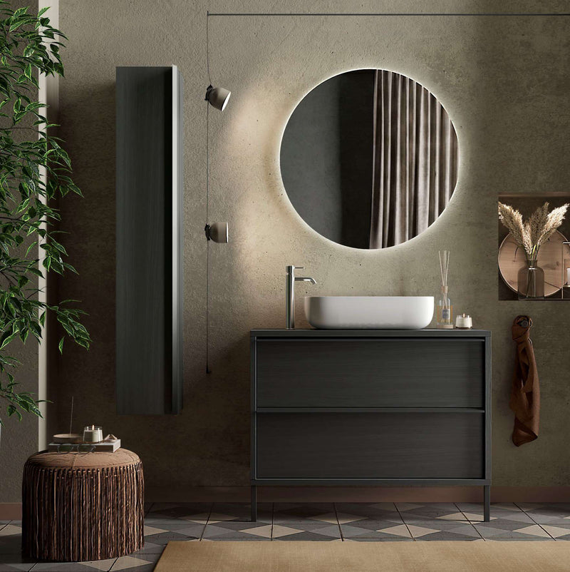 Garian - Colonna da bagno sospesa in legno nero 1 anta con maniglia cm 26x26x138h