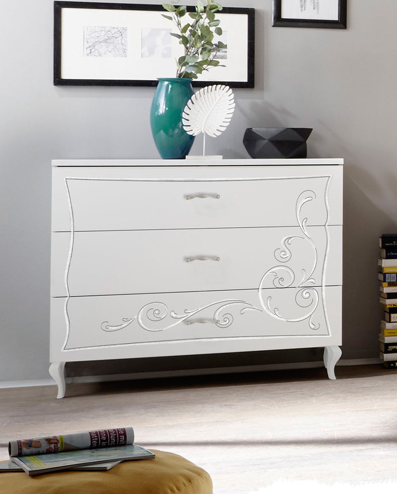 Magnolia - Camera matrimoniale completa in legno bianco con specchio e serigrafie