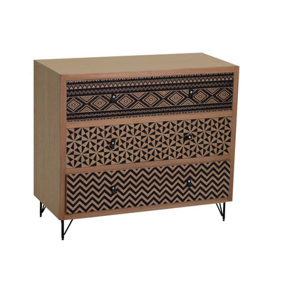 Comò cassettone 3 cassetti in legno scuro con decorazioni cm 80x36x70h