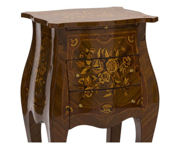Comodino classico in legno noce e oro 3 cassetti cm 38x30x76h