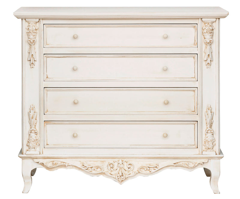 Comò quattro cassetti stile shabby in legno colore bianco decorato cm 118x51x105h