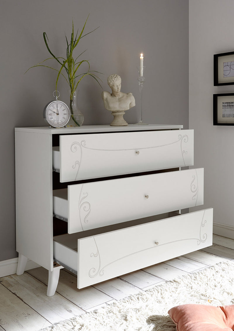 comò 3 cassetti in legno bianco fronatli decorati