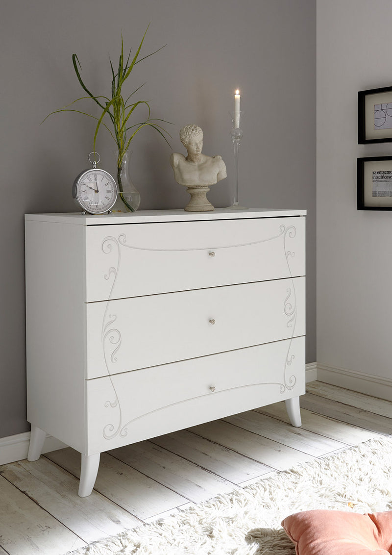 comò 3 cassetti in legno bianco fronatli decorati