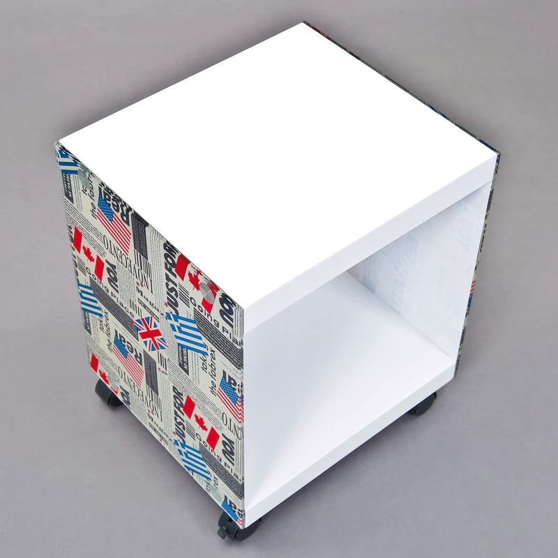 Flag - Tavolino cubo comodino da camera in legno e vetro serigrafato cm 38x35x46h