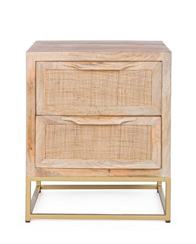 Comodino in legno con struttura in metallo dorato e 2 cassetti colore naturale cm 45x35x55h
