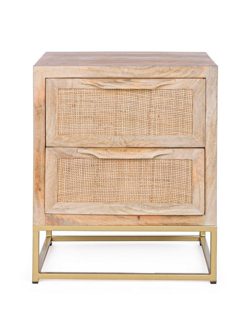 Comodino in legno con struttura in metallo dorato e 2 cassetti colore naturale cm 45x35x55h