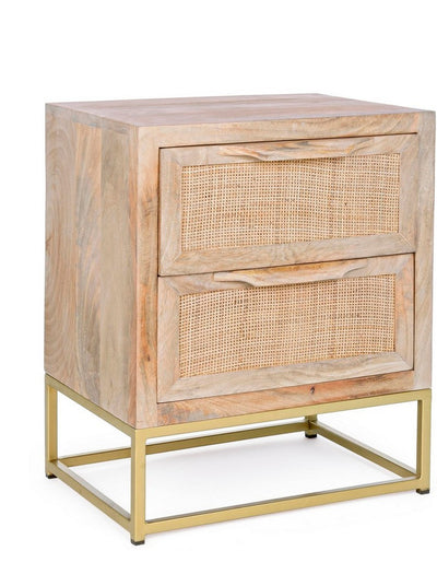 Comodino in legno con struttura in metallo dorato e 2 cassetti colore naturale cm 45x35x55h