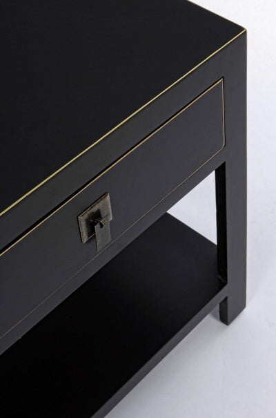 Comodino in legno colore nero con cassetto e ripiano bordino dorato cm 46x34x50h