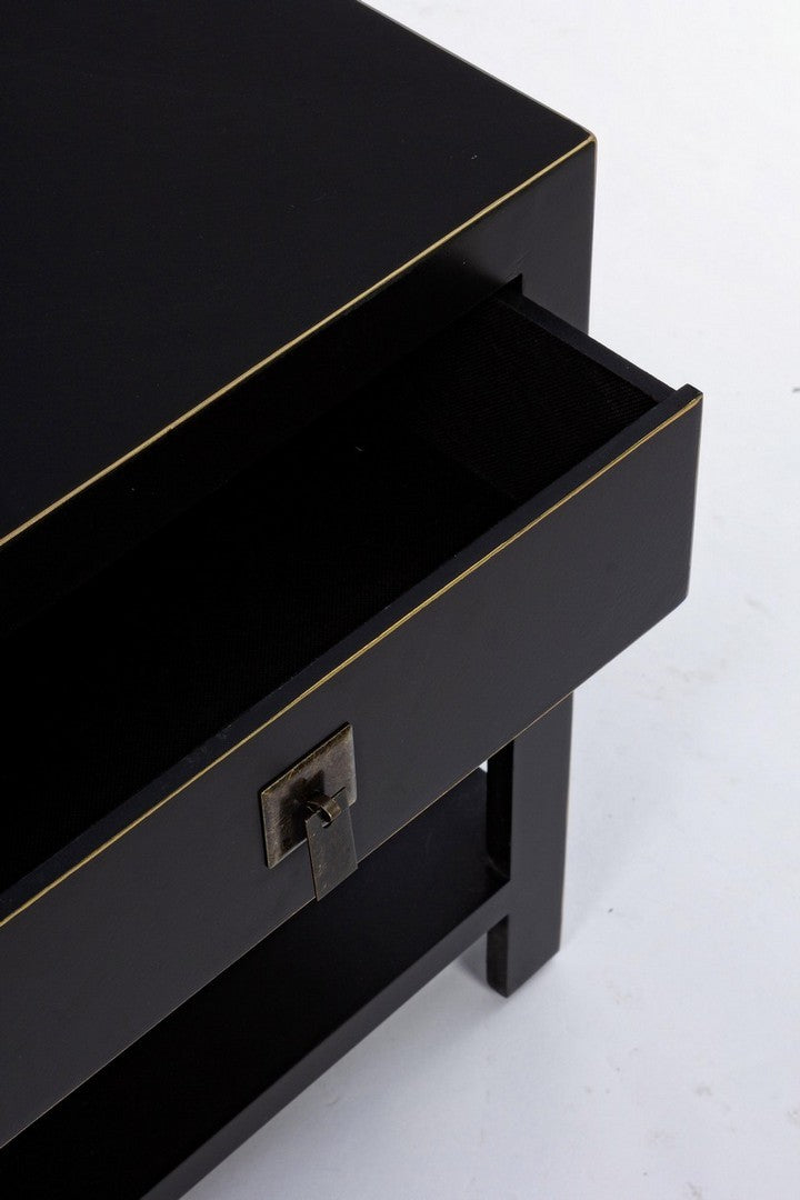 Comodino in legno colore nero con cassetto e ripiano bordino dorato cm 46x34x50h