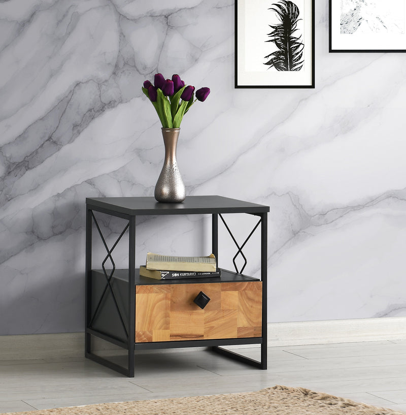 Comodino design con vano a giorno e anta a ribalta in legno bicolore cm 45x41x50h